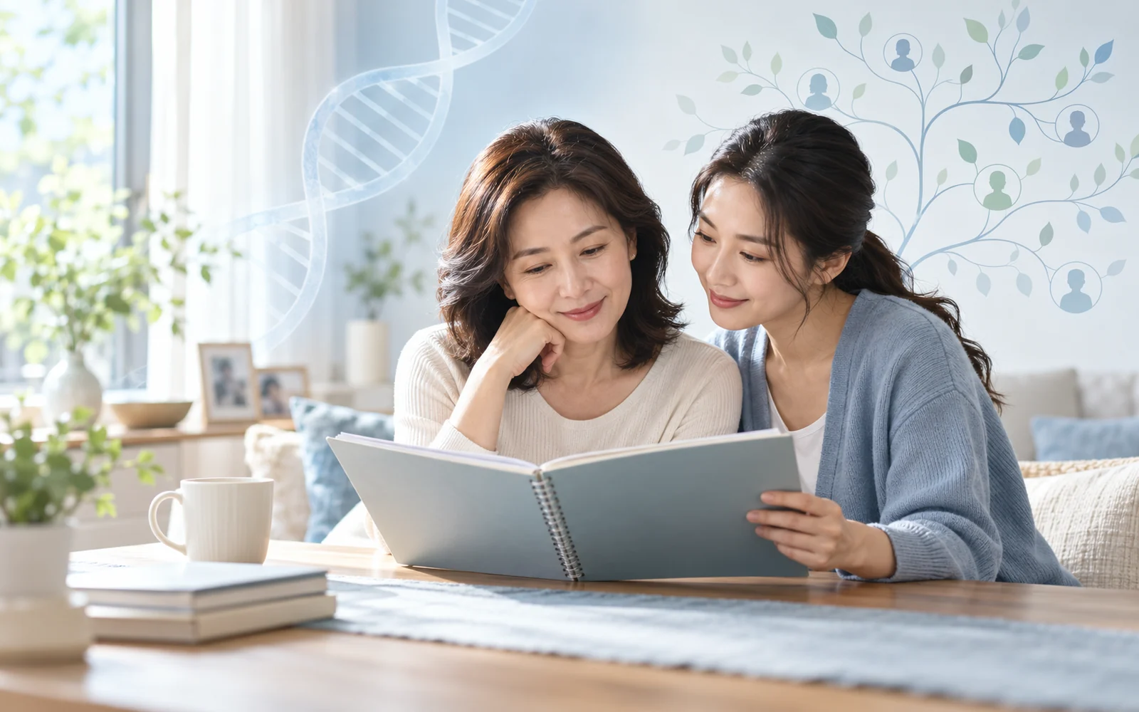 兩位女性一起翻閱資料，背景有 DNA 與家族關係圖示