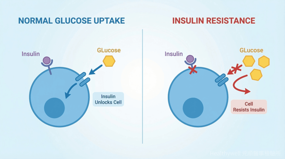 胰島素阻抗機制示意圖（正常與阻抗差異）