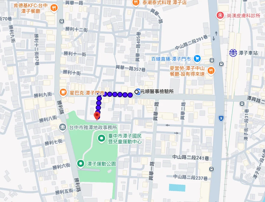 潭子運動中心停車場步行至元順醫事檢驗所路線圖