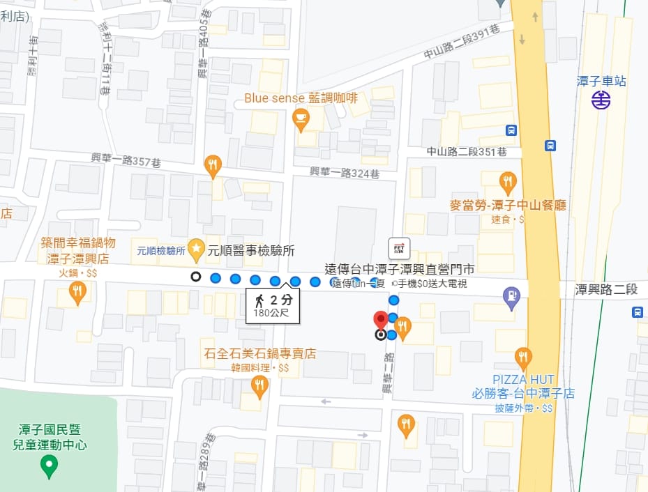 潭興立體停車場步行至元順醫事檢驗所路線圖
